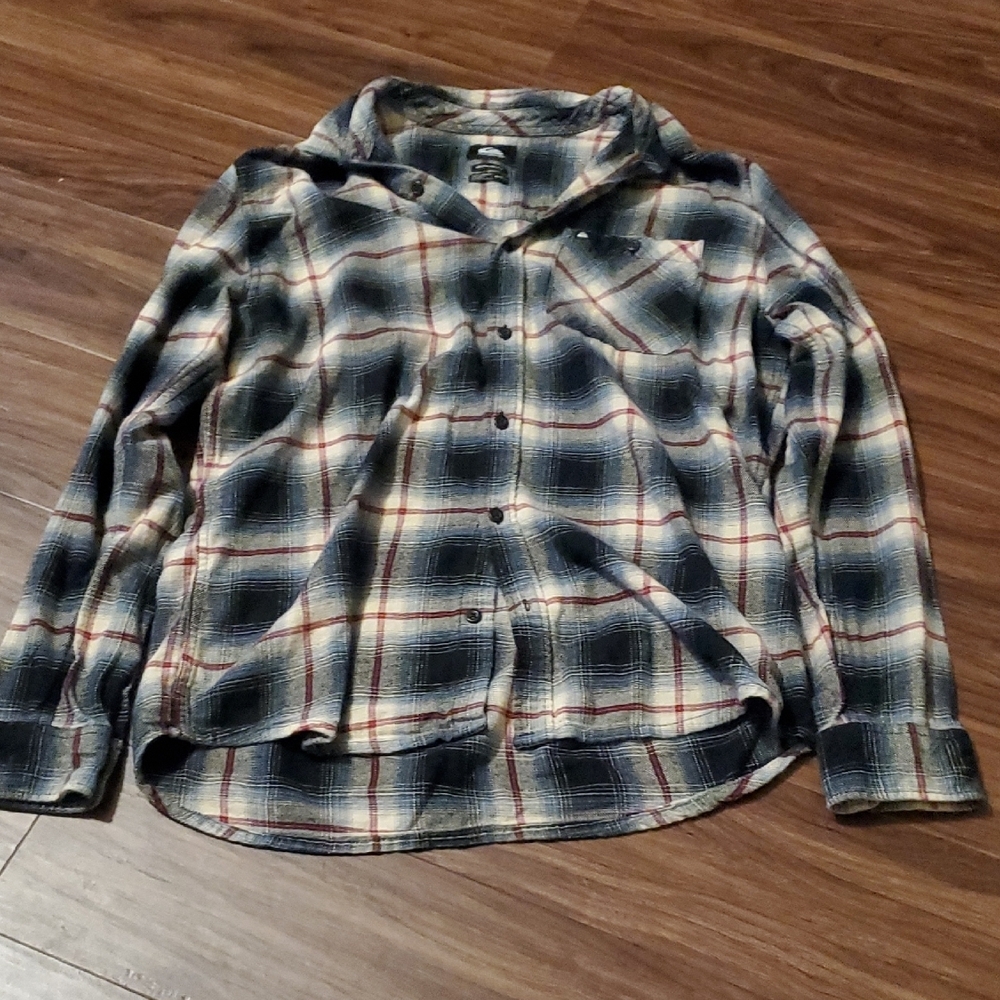 Quiksilver Men’s Plaid Button-Down Shirt in Blue, Cream & Red Accents